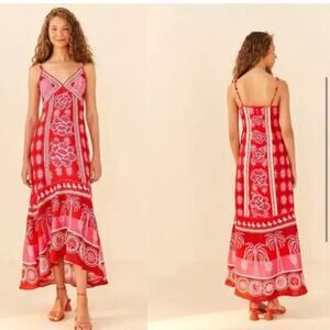 NEW Caroline Constas Linen Maxi Dress Red Pink Floral